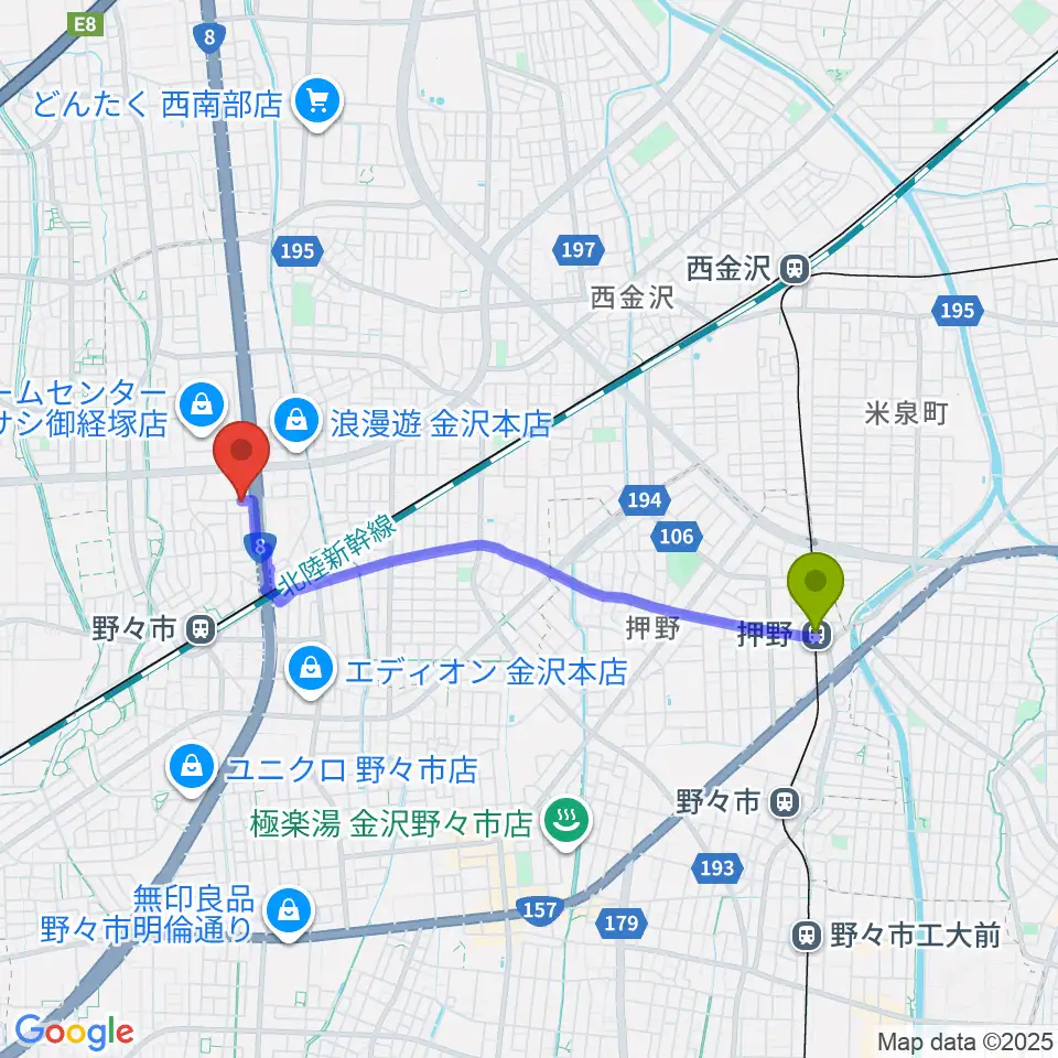 押野駅から野々市市ふるさと歴史館へのルートマップ地図