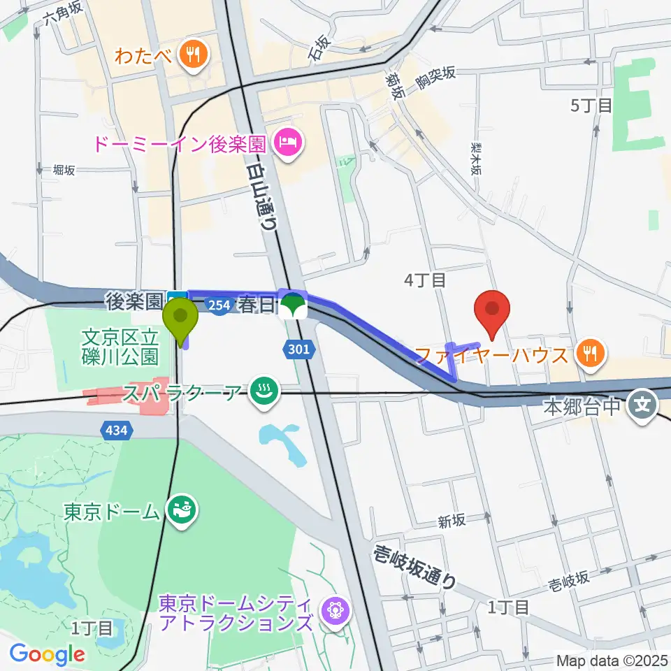 後楽園駅から文京ふるさと歴史館へのルートマップ地図