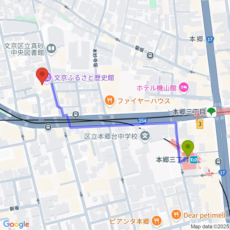 文京ふるさと歴史館の最寄駅本郷三丁目駅からの徒歩ルート（約5分）地図