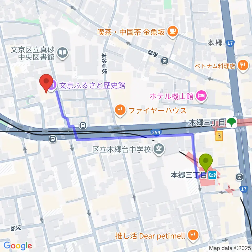 文京ふるさと歴史館の最寄駅本郷三丁目駅からの徒歩ルート（約5分）地図