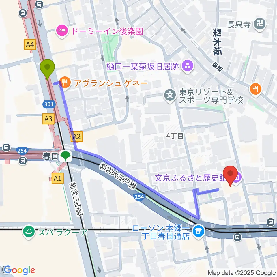 春日駅から文京ふるさと歴史館へのルートマップ地図