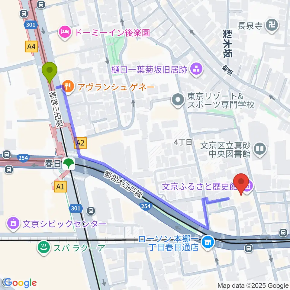 春日駅から文京ふるさと歴史館へのルートマップ地図