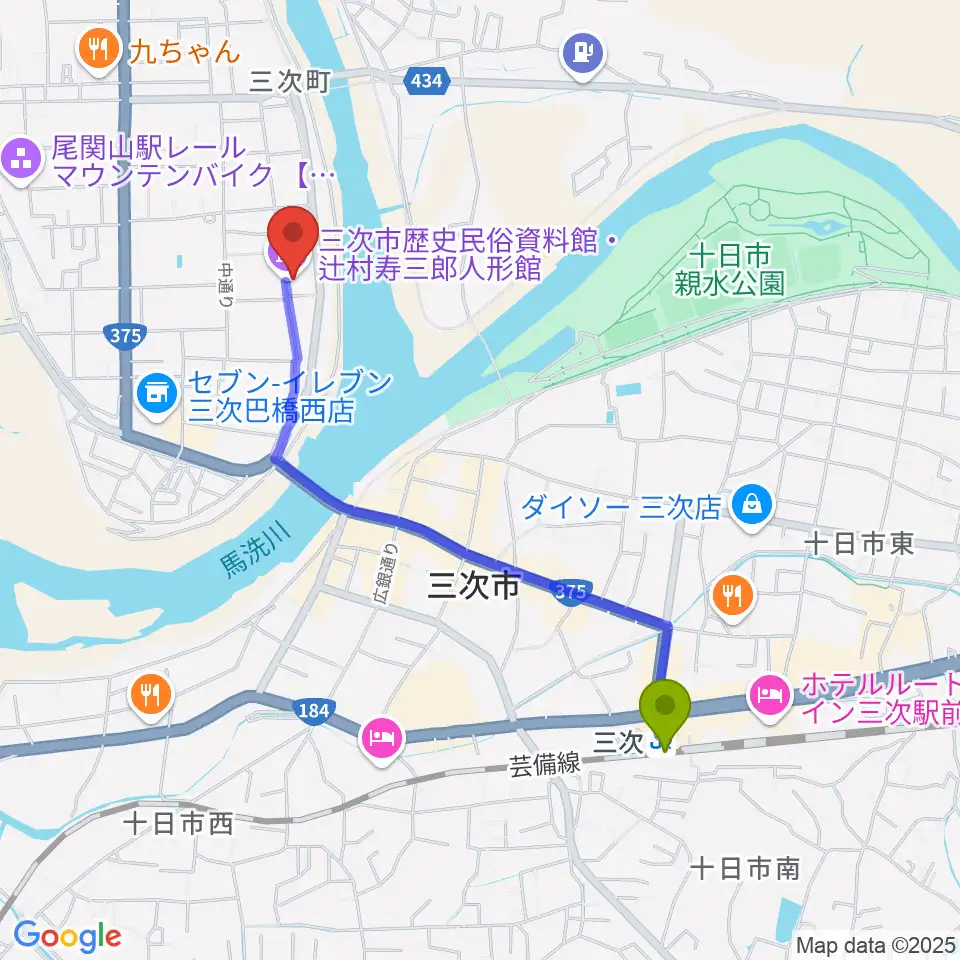 辻村寿三郎人形館の最寄駅三次駅からの徒歩ルート（約20分）地図