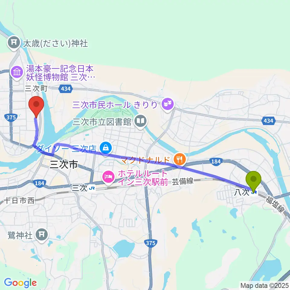 八次駅から辻村寿三郎人形館へのルートマップ地図