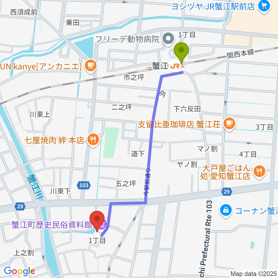 蟹江町歴史民俗資料館の最寄駅蟹江駅からの徒歩ルート（約11分）地図