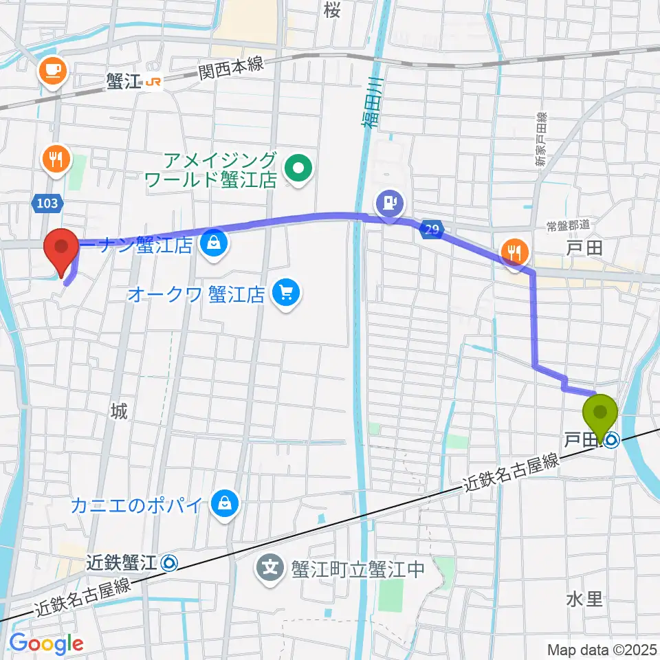 戸田駅から蟹江町歴史民俗資料館へのルートマップ地図
