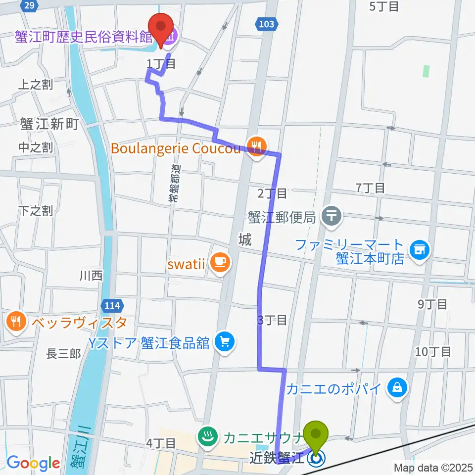 近鉄蟹江駅から蟹江町歴史民俗資料館へのルートマップ地図