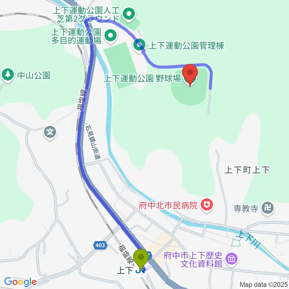 TTCスポーツパーク上下野球場の最寄駅上下駅からの徒歩ルート（約10分）地図