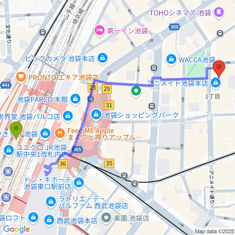 アニメイトシアターの最寄駅池袋駅からの徒歩ルート（約7分）地図