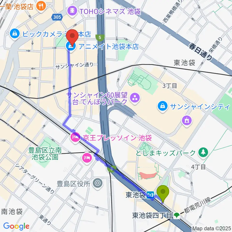 東池袋駅からアニメイトシアターへのルートマップ地図
