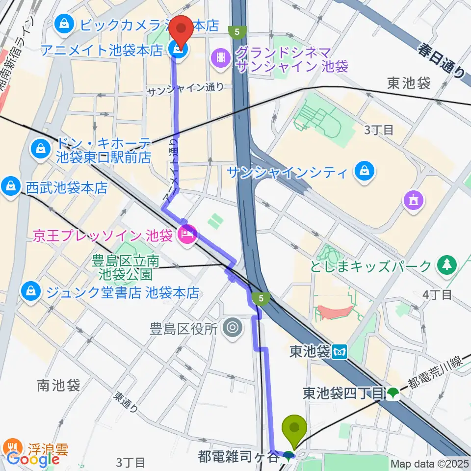 都電雑司ヶ谷駅からアニメイトシアターへのルートマップ地図