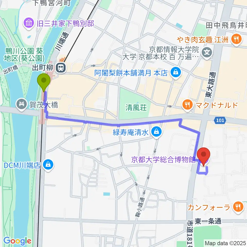 京都大学総合博物館の最寄駅出町柳駅からの徒歩ルート（約11分）地図