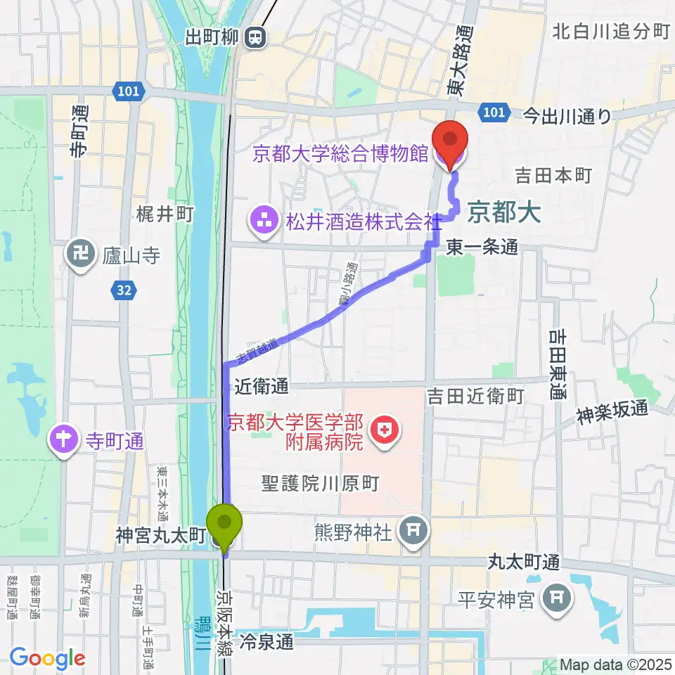 神宮丸太町駅から京都大学総合博物館へのルートマップ地図