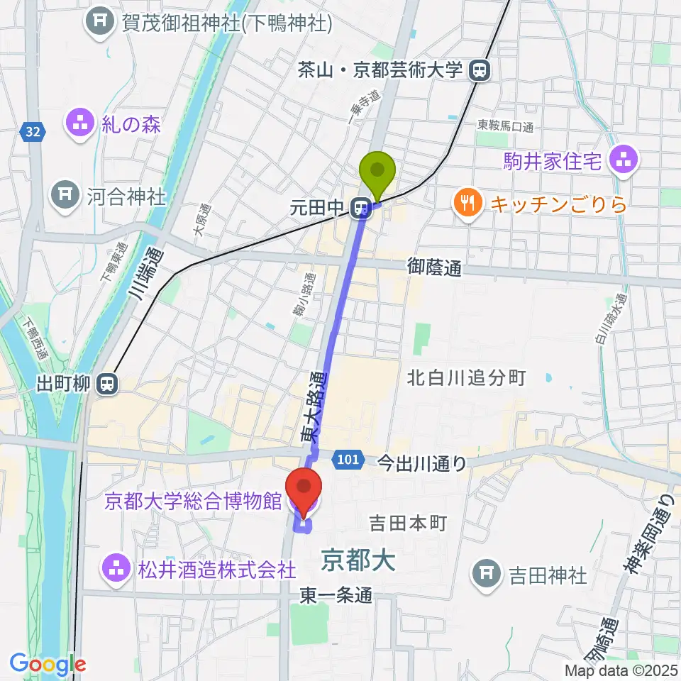 元田中駅から京都大学総合博物館へのルートマップ地図