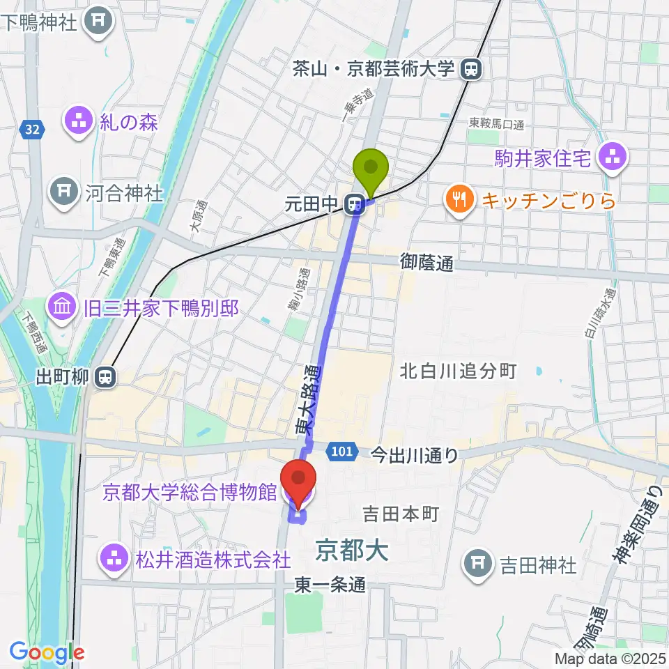 元田中駅から京都大学総合博物館へのルートマップ地図