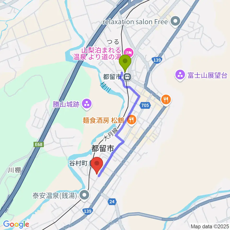 都留市駅からミュージアム都留へのルートマップ地図