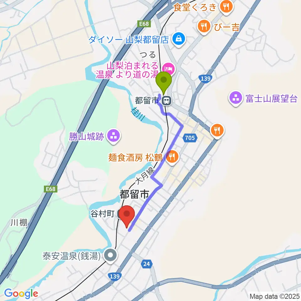 都留市駅からミュージアム都留へのルートマップ地図