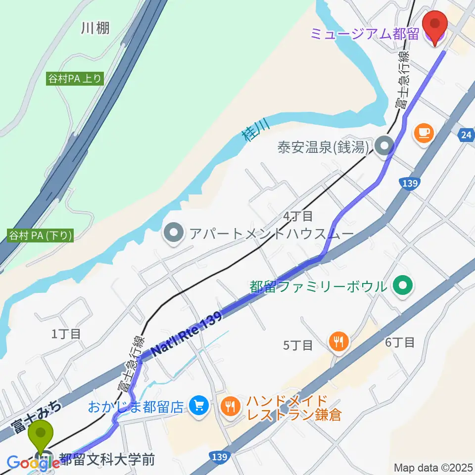 都留文科大学前駅からミュージアム都留へのルートマップ地図