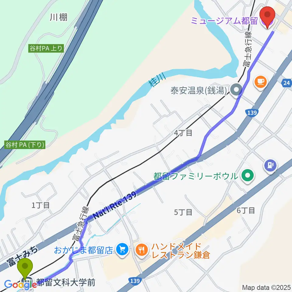 都留文科大学前駅からミュージアム都留へのルートマップ地図