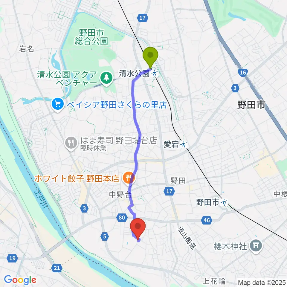 清水公園駅から髙梨氏庭園 上花輪歴史館へのルートマップ地図