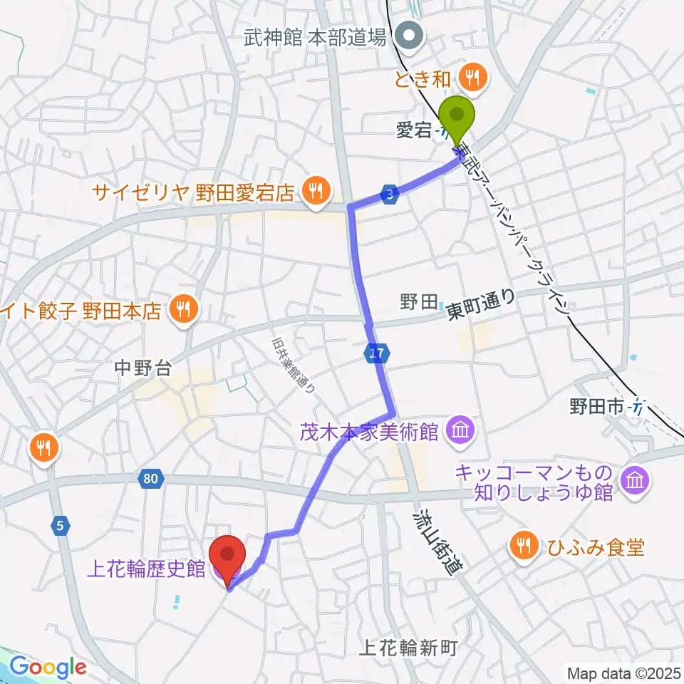 愛宕駅から髙梨氏庭園 上花輪歴史館へのルートマップ地図