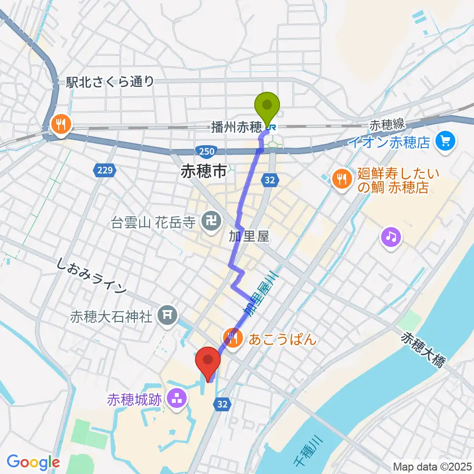 塩と義士の館赤穂化成ミュージアムの最寄駅播州赤穂駅からの徒歩ルート（約17分）地図