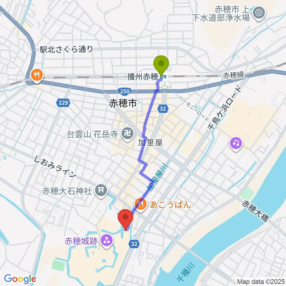 塩と義士の館赤穂化成ミュージアムの最寄駅播州赤穂駅からの徒歩ルート（約17分）地図