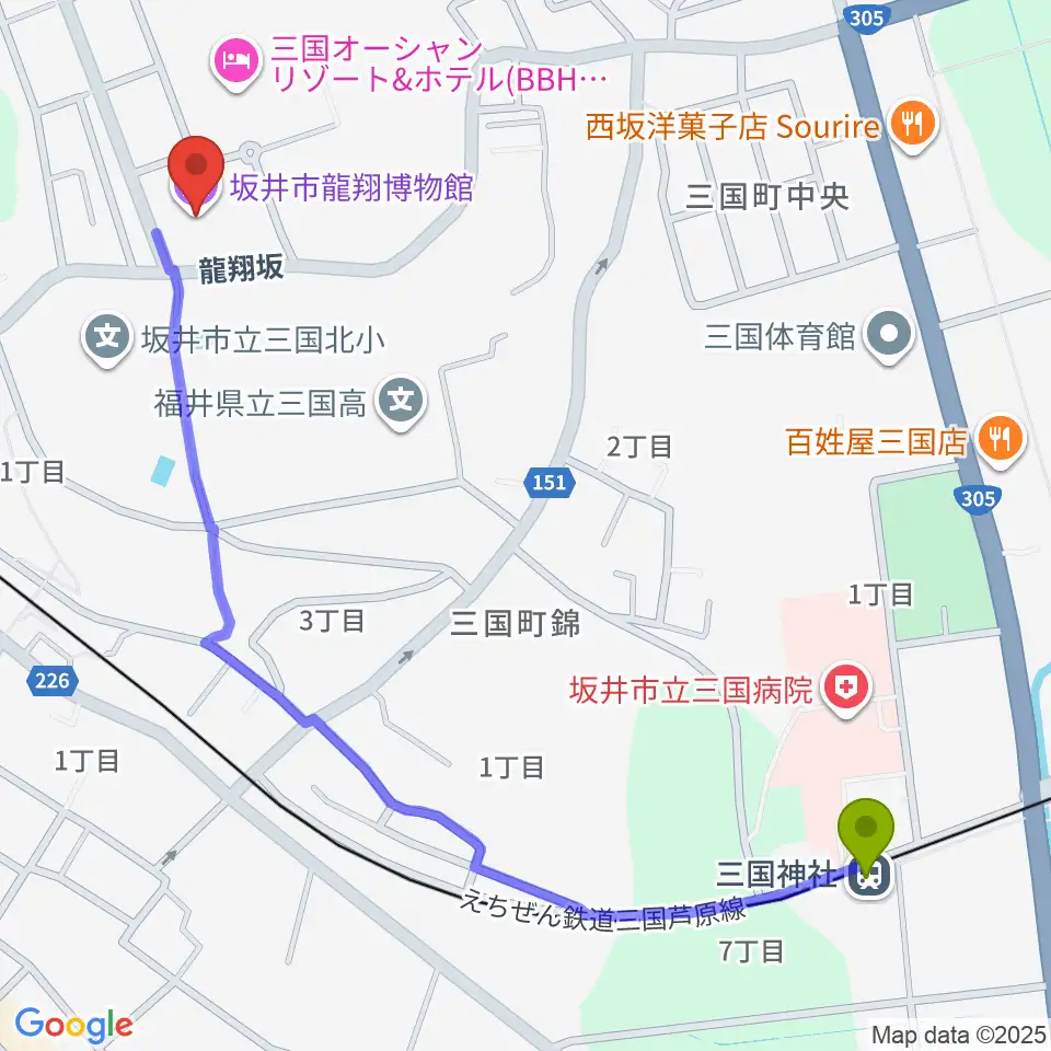 三国神社駅から坂井市龍翔博物館へのルートマップ地図