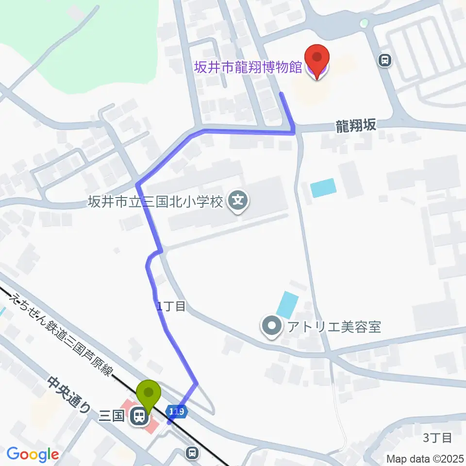 坂井市龍翔博物館の最寄駅三国駅からの徒歩ルート（約6分）地図