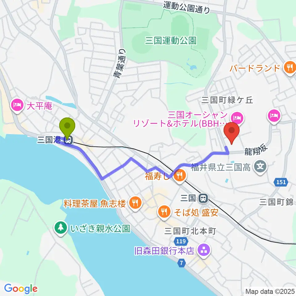 三国港駅から坂井市龍翔博物館へのルートマップ地図