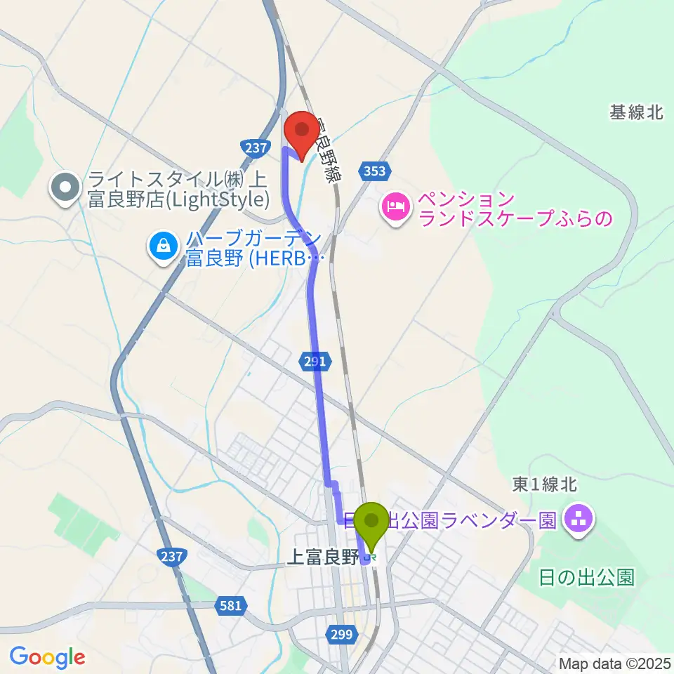 上富良野町開拓記念館の最寄駅上富良野駅からの徒歩ルート（約33分）地図