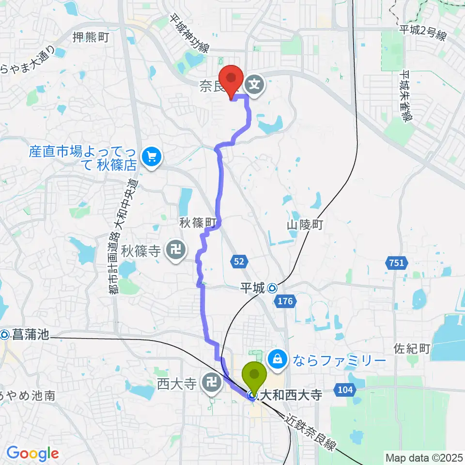 大和西大寺駅から奈良大学博物館へのルートマップ地図