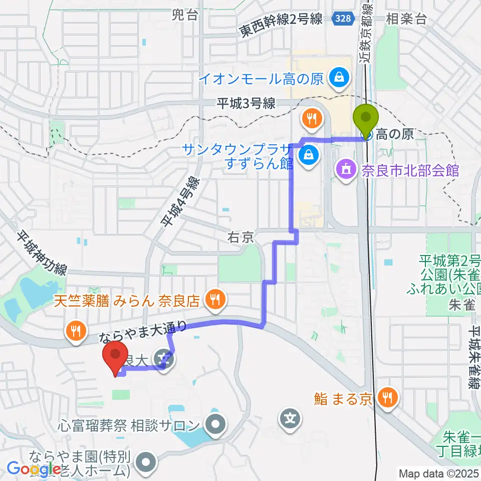 奈良大学博物館の最寄駅高の原駅からの徒歩ルート（約22分）地図