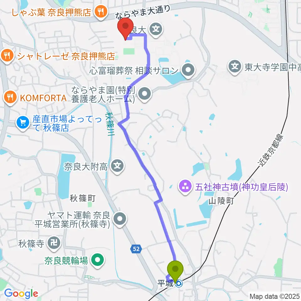 平城駅から奈良大学博物館へのルートマップ地図
