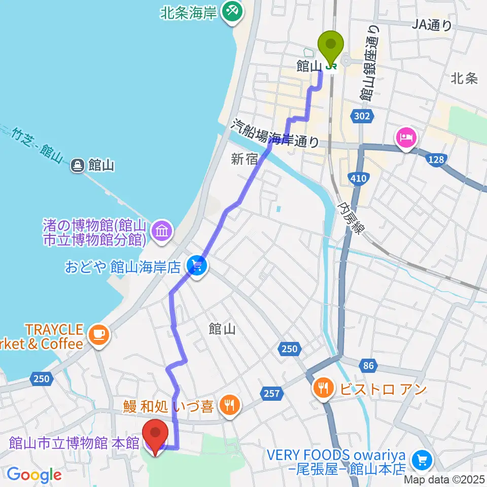 館山市立博物館本館の最寄駅館山駅からの徒歩ルート（約27分）地図