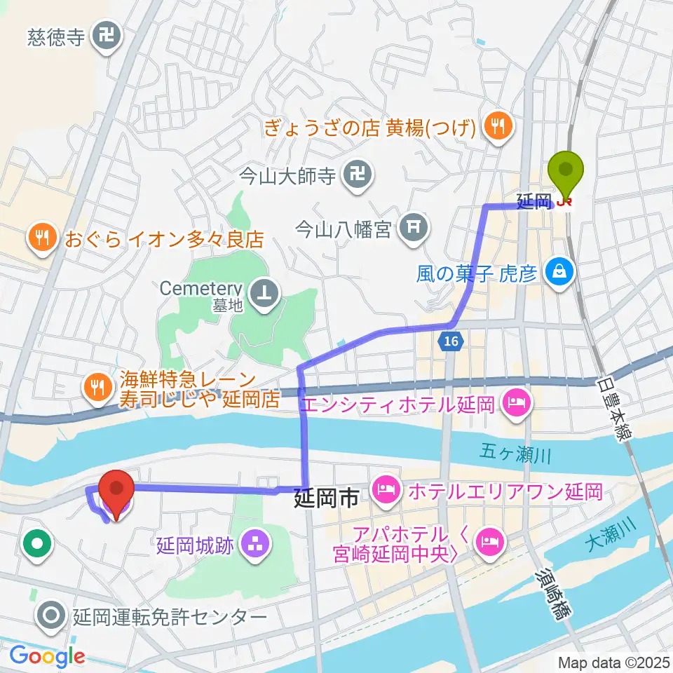 延岡城・内藤記念博物館の最寄駅延岡駅からの徒歩ルート（約26分）地図