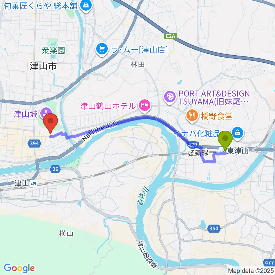 東津山駅から津山郷土博物館へのルートマップ地図