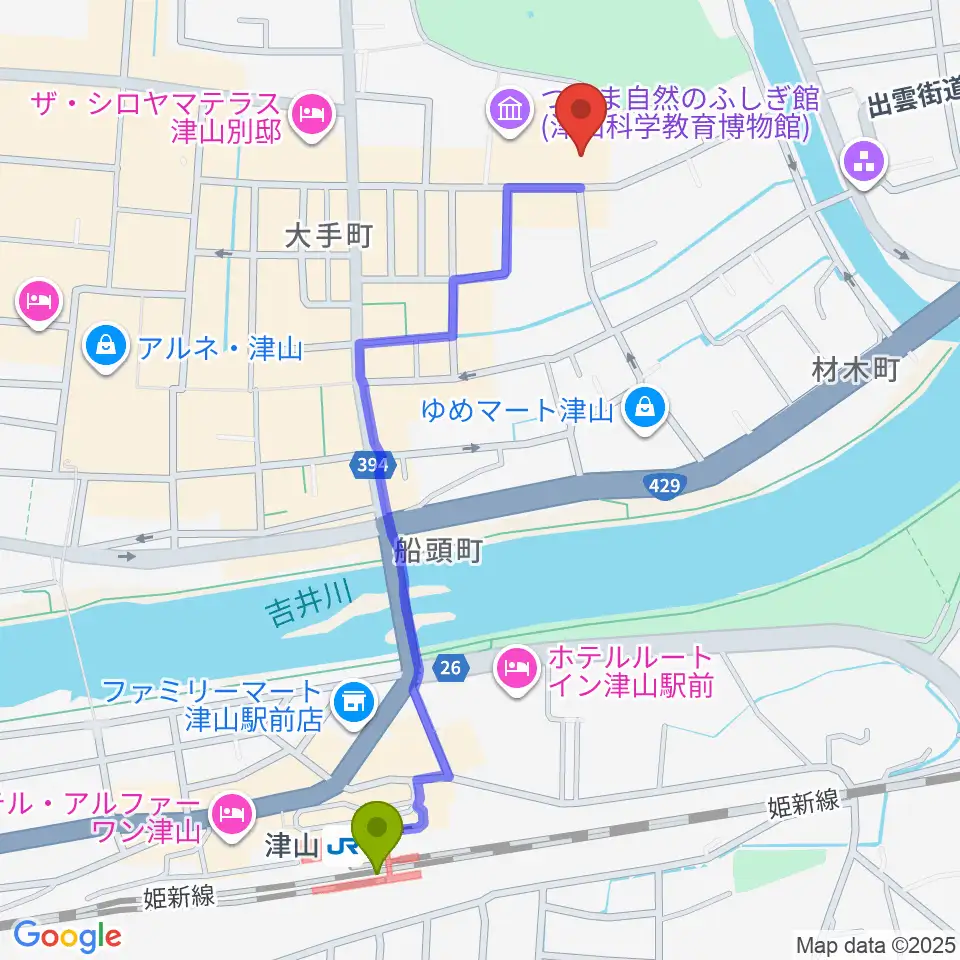 津山郷土博物館の最寄駅津山駅からの徒歩ルート（約12分）地図
