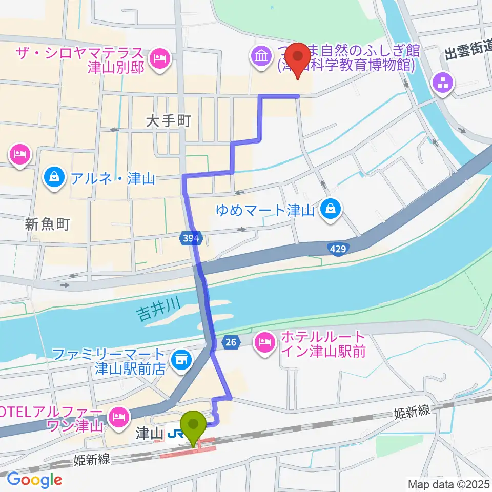 津山郷土博物館の最寄駅津山駅からの徒歩ルート（約12分）地図