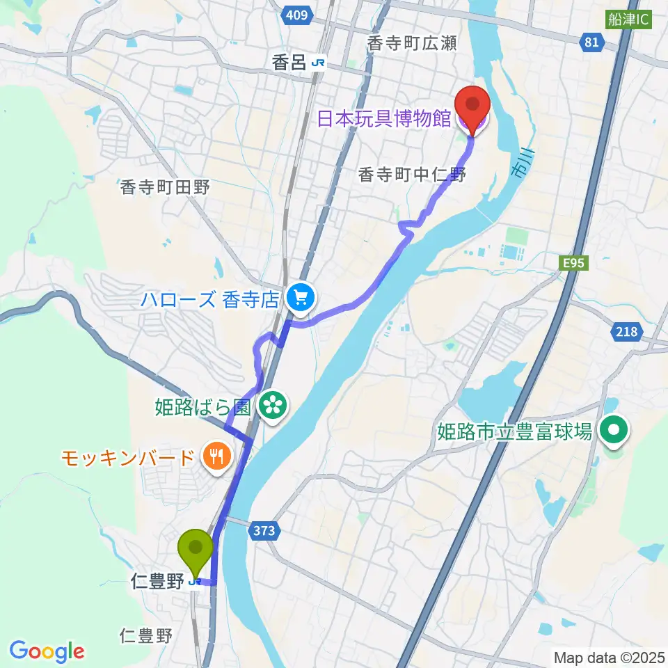 仁豊野駅から日本玩具博物館へのルートマップ地図