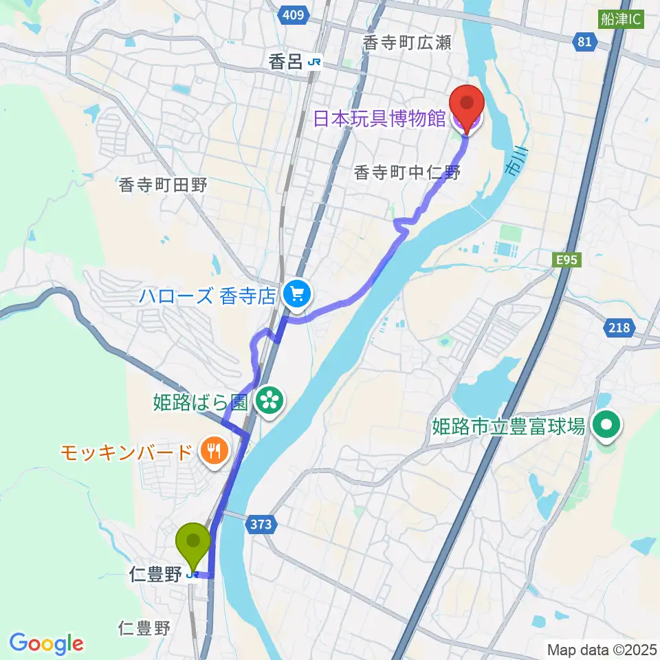 仁豊野駅から日本玩具博物館へのルートマップ地図