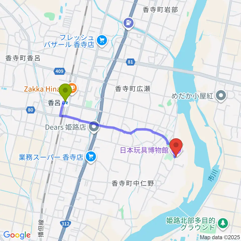 日本玩具博物館の最寄駅香呂駅からの徒歩ルート（約16分）地図