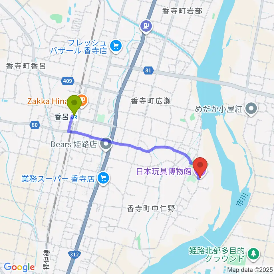 日本玩具博物館の最寄駅香呂駅からの徒歩ルート（約16分）地図