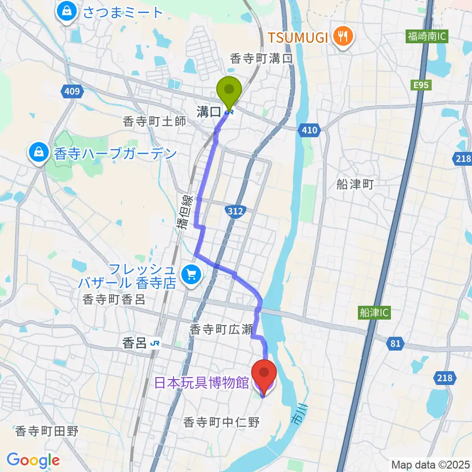 溝口駅から日本玩具博物館へのルートマップ地図