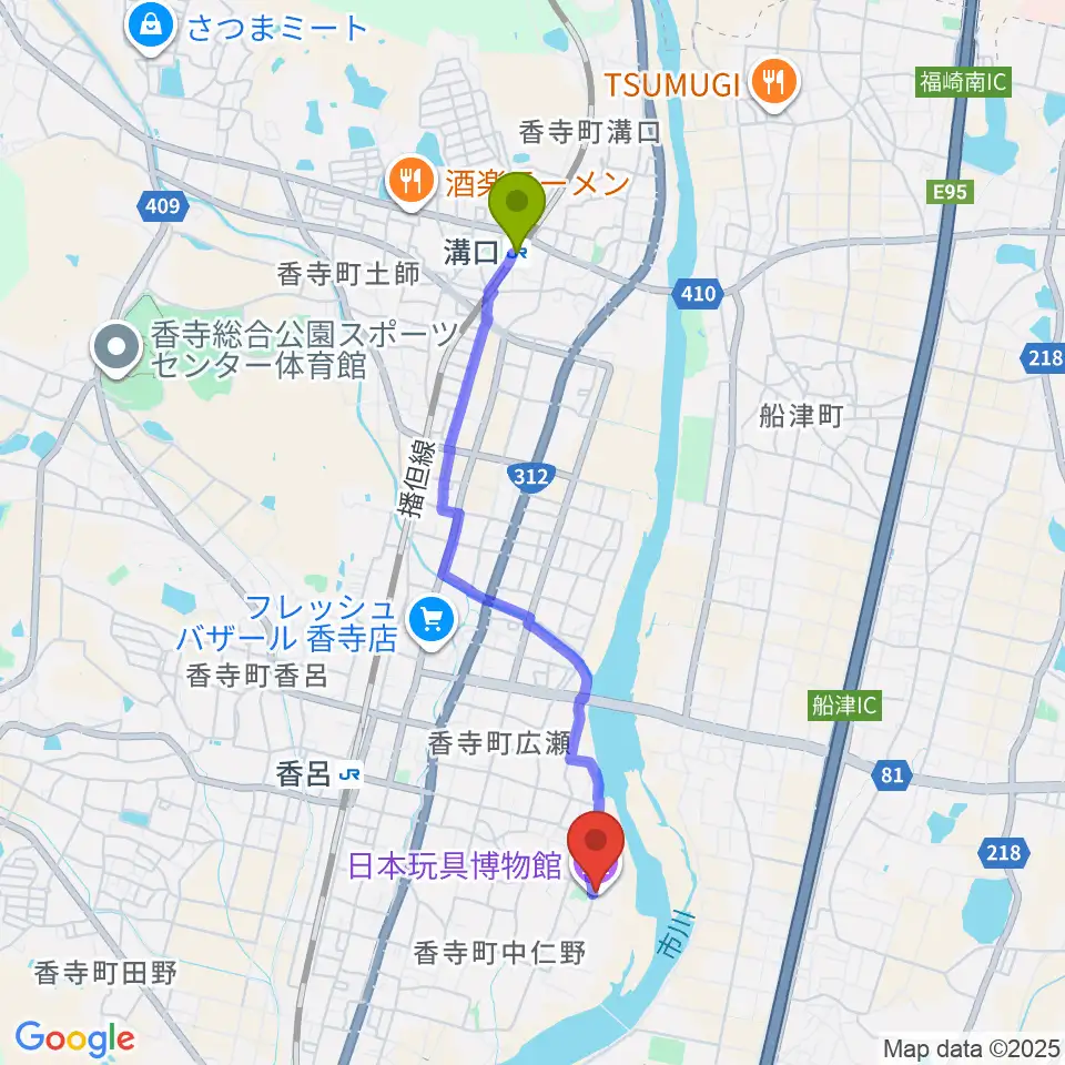 溝口駅から日本玩具博物館へのルートマップ地図