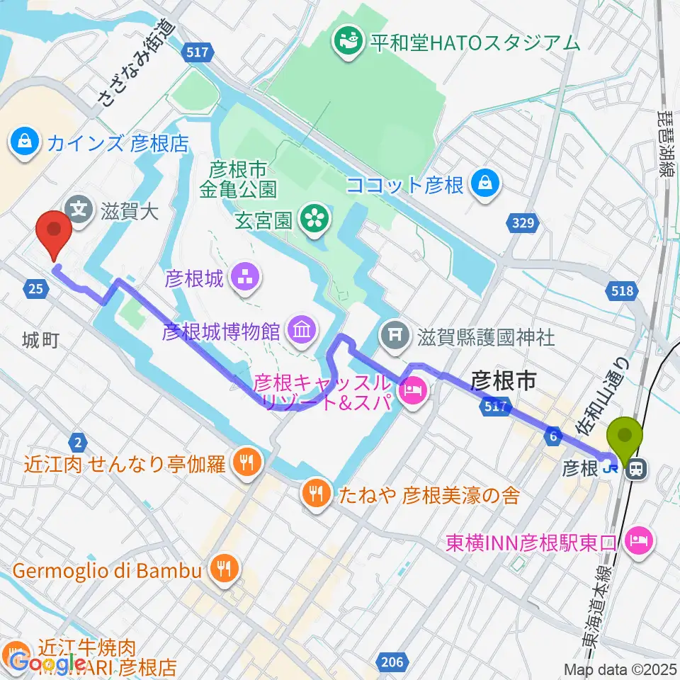 滋賀大学経済学部附属史料館の最寄駅彦根駅からの徒歩ルート（約28分）地図