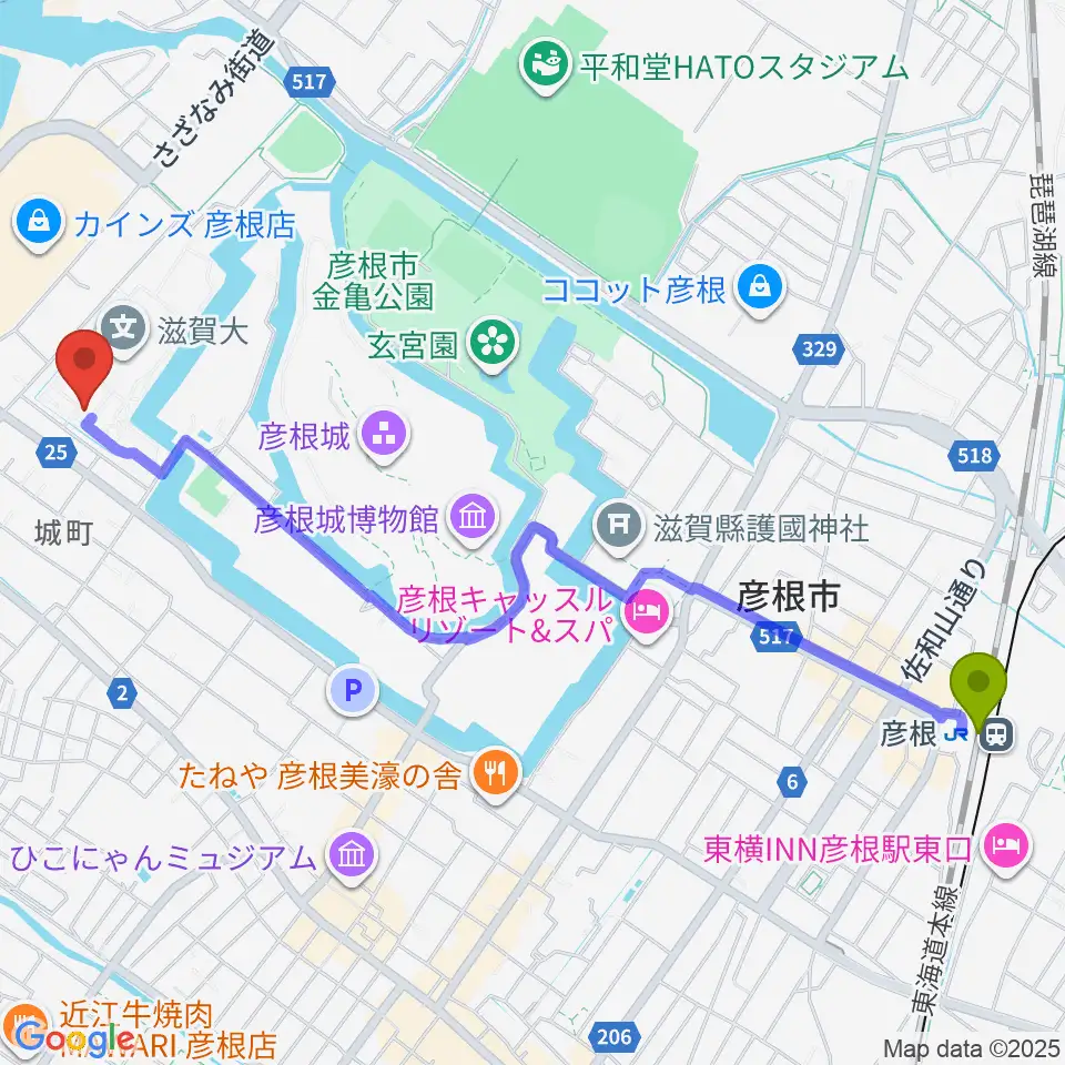 滋賀大学経済学部附属史料館の最寄駅彦根駅からの徒歩ルート（約28分）地図