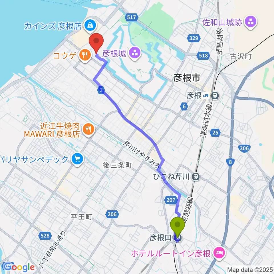 彦根口駅から滋賀大学経済学部附属史料館へのルートマップ地図