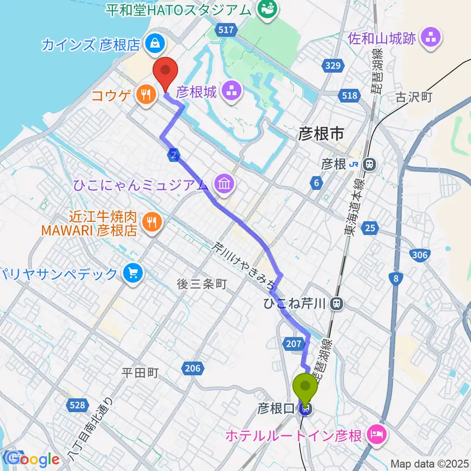 彦根口駅から滋賀大学経済学部附属史料館へのルートマップ地図