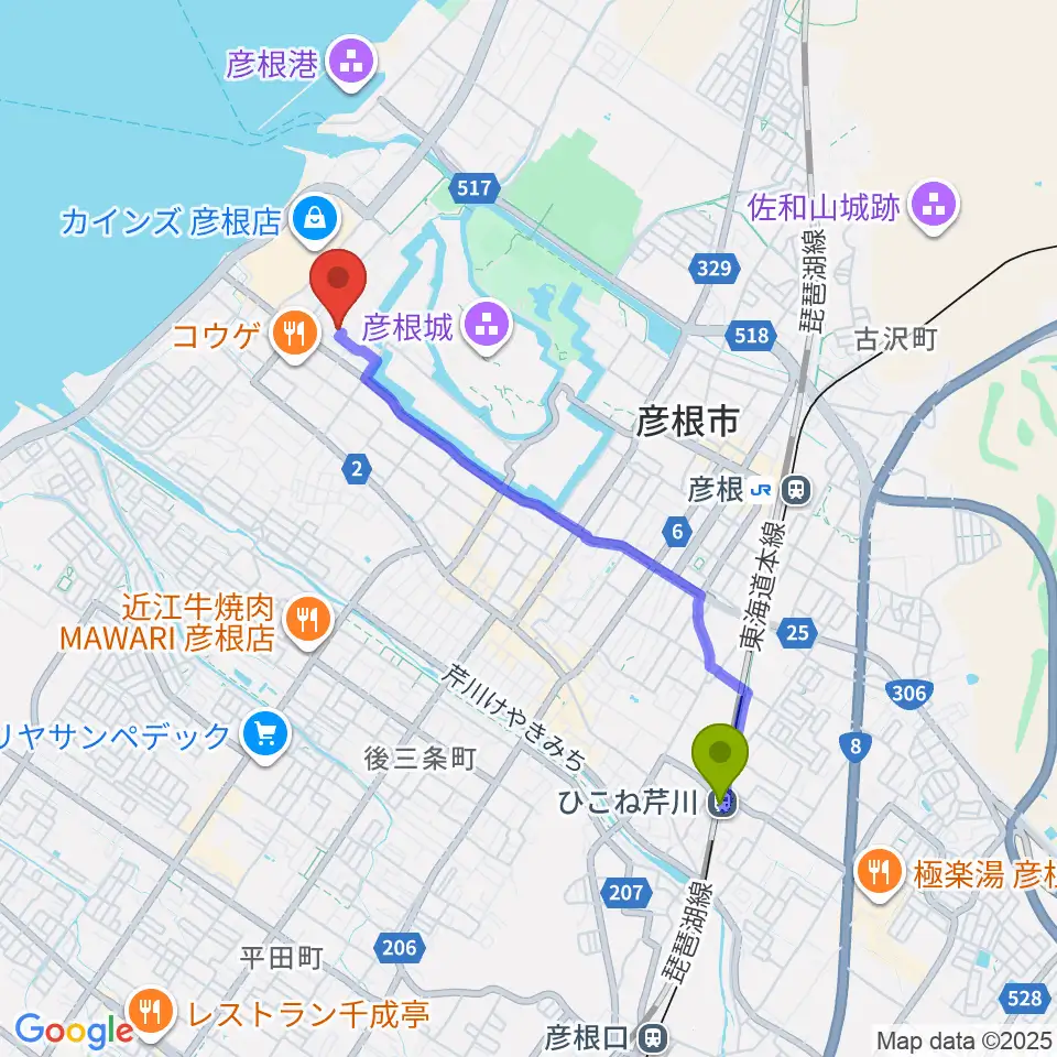 ひこね芹川駅から滋賀大学経済学部附属史料館へのルートマップ地図